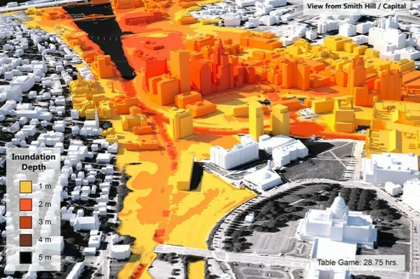 A three-dimensional visualization showing inundation depths in Providence, Rhode Island, from a hypothetical storm dubbed "Hurricane Rhody." Darker colors indicated deeper inundation levels. Peter Stempel, associate professor of landscape architecture, creates visualizations such as the one above to help coastal communities quickly understand the risks posed by hurricanes and other coastal storms. Credit: Image courtesy of Peter Stempel. All Rights Reserved.