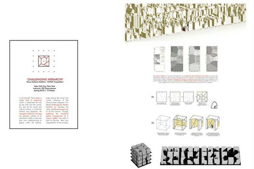 Challenging Hierarchy text on the left and visual representations of challenging hierarchy in architectural buildings on the right.