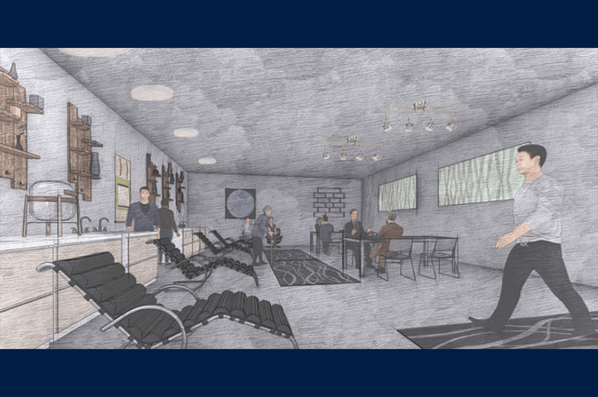 A rendering of a community center area in a proposed homeless shelter excerpted from Danielle Oriol's bachelor of architecture thesis.