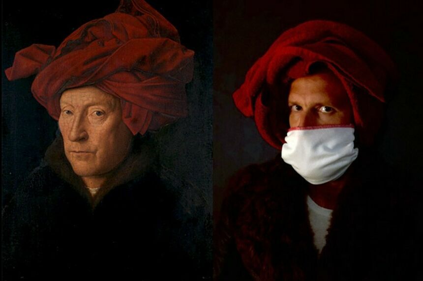 Recreation of a famous medieval portrait displayed side-by-side, images are each a close-up of a man with a black backdrop wearing a scarlet turban, the recreation has the man in a COVID-19 mask