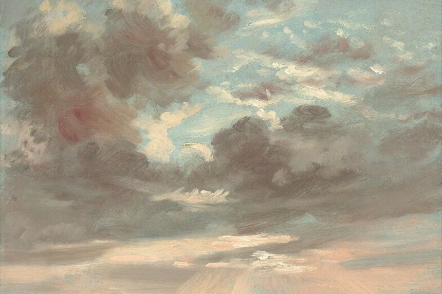 Painting of a cloudy sky with sunlight poking through