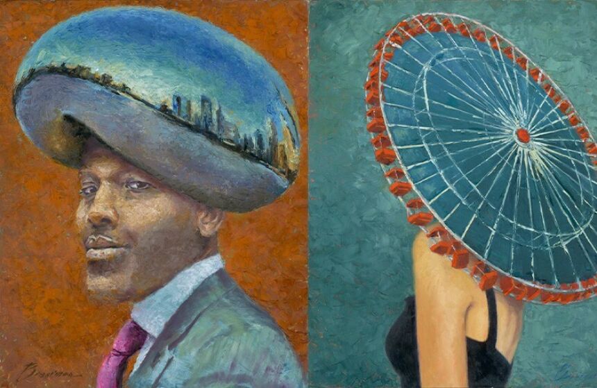 side by side images with one being a black man in a suit wearing the Chicago Bean on his head the other is if a woman wearing a Ferris wheel on her head