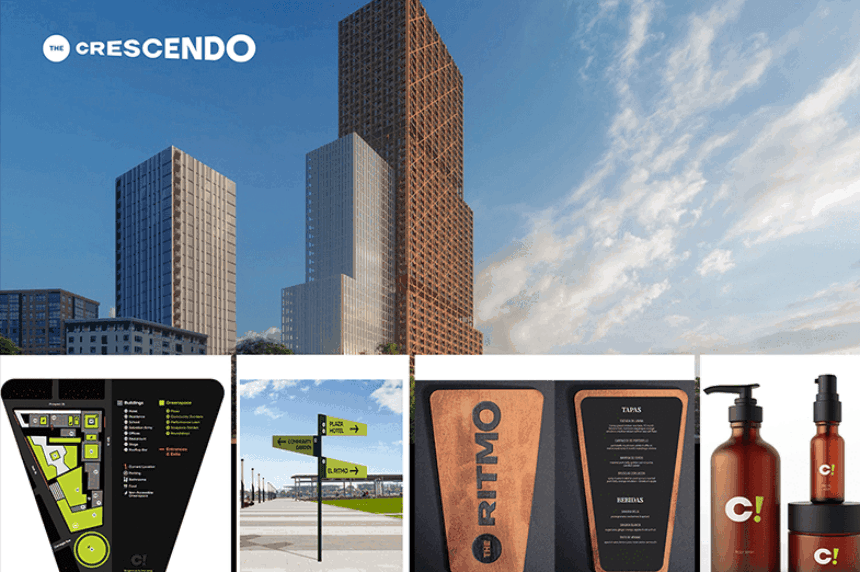 Crescendo-branded assets including a floorplan, wayfinding, a menu, and toiletries.