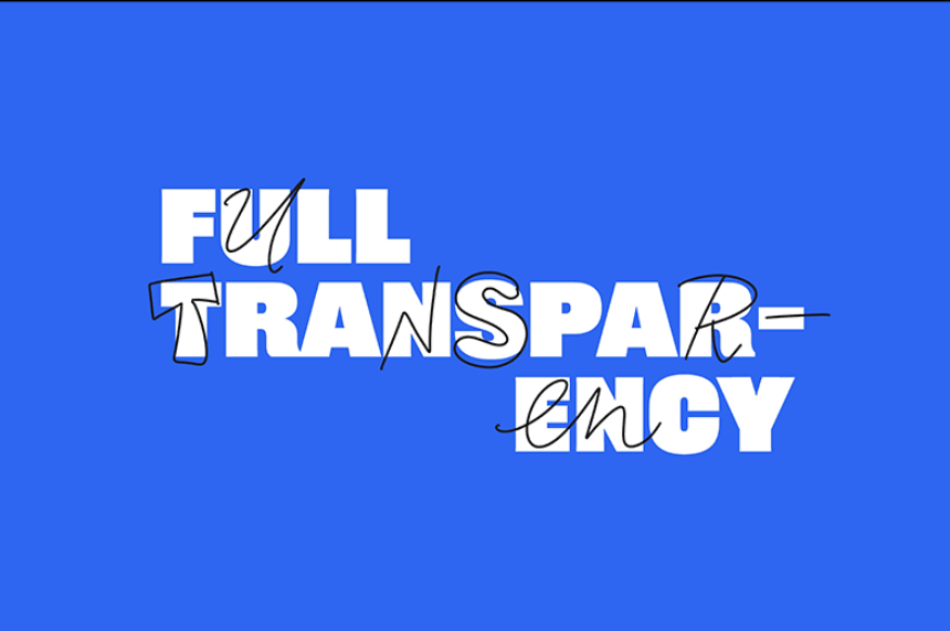 The words Full Transparency in bold white text on a blue background.