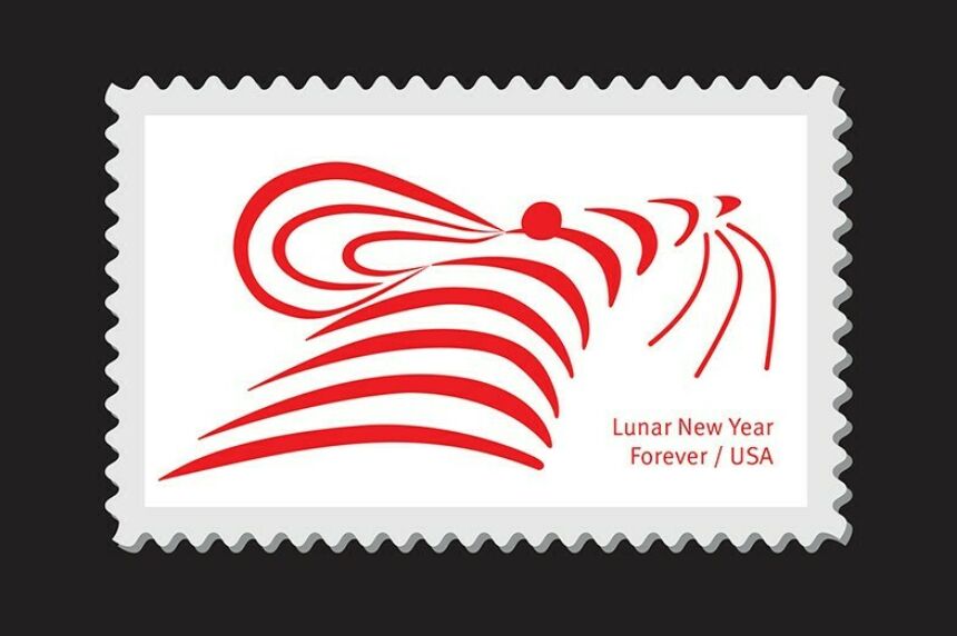 A postage stamp designed like the face of a rat in red stripes with the words Lunar New Year Forever / USA in red on a white background.