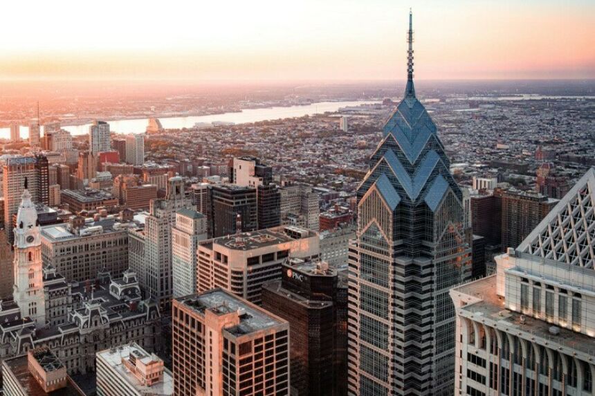An aerial view of the Philadelphia skyline.