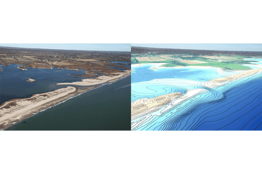 At left, a photo from showing an inlet that was formed during Superstorm Sandy on the Rhode Island coast. At right is a visualization of a model simulation of the same event.