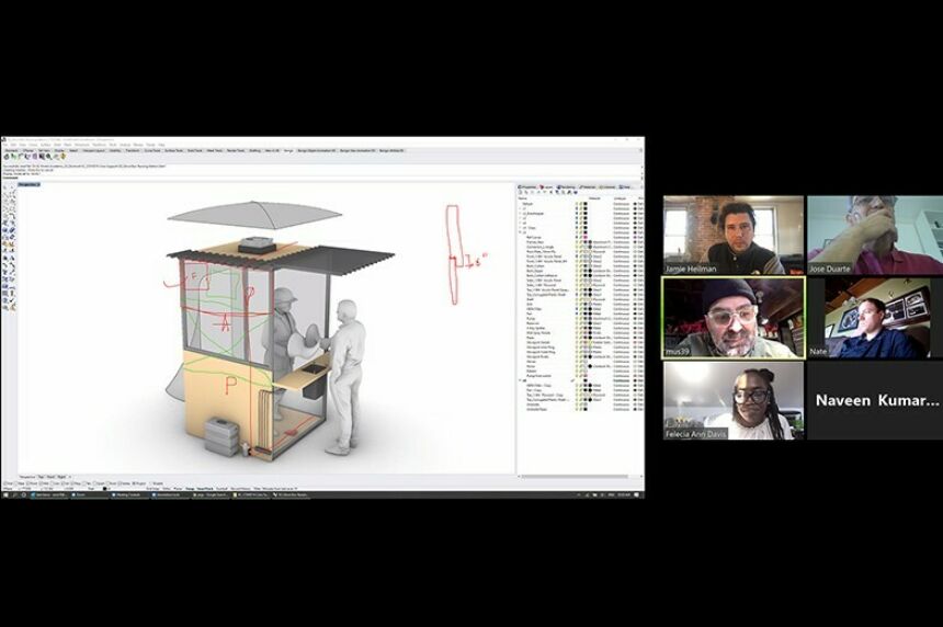 A split-screen image of the CAD rendering of the BOOTH at left and the researchers discussing the design via Zoom at right.