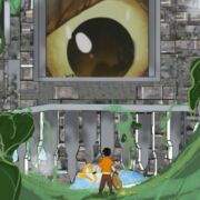 Illustration of the character Jack looking up at a giant eyeball peering at him through a castle window, with a large vine encircling the castle wall.