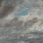 Complex blues and greys of clouds in a painting by realist British artist John Constable.