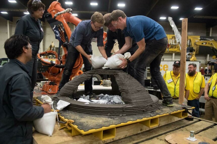 Penn State NASA team adding test weights to printed concrete dome structure