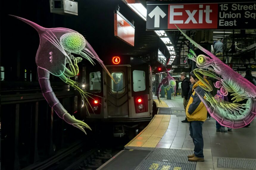 Three dimensional augmented reality spores as part of a virtual game experience within the 14th St./Union Square station of the New York City subway system.