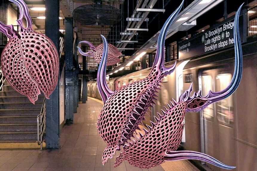 Three dimensional augmented reality spores as part of a virtual game experience within the 14th St./Union Square station of the New York City subway system.