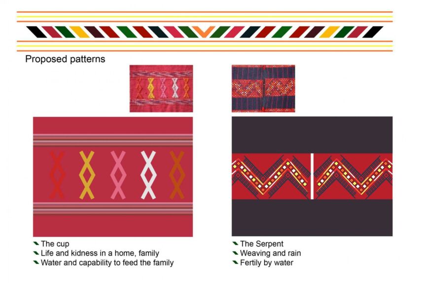 Two illustrated patterns; the left has stripes and red, pink, ochre, orange, and white criss-cross designs on a magenta background; the right-hand design has a dark purple, red, orange, yellow, and white geometric pattern pattern against a dark purple background.