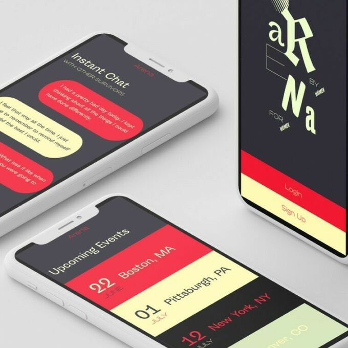 Arena app design by Colleen Wade shown on three smartphones.