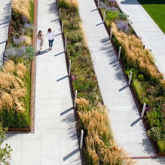 Overhead view of people walking on pathway through landscape architecture design by Demetrios Staurinos.