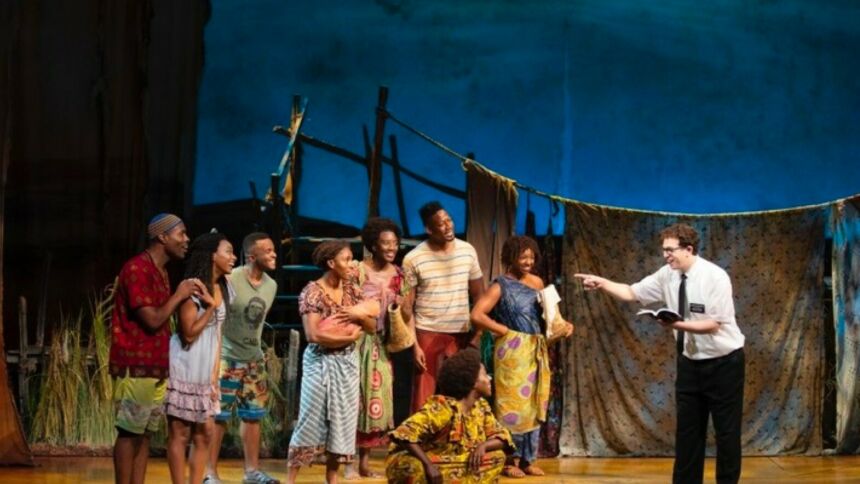 Brinie Wallace, second from the right, performs as a member of the ensemble in the nationally touring Broadway production of “The Book of Mormon.” Wallace is a 2016 Penn State School of Theatre graduate. IMAGE: The Book of Mormon (c) Julieta Cervantes 2019