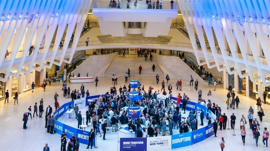 An overhead shot of the 2018 Global Forum hosted in the Oculus World Trade Center. Carolyn Quinn production managed the event with Sequence for the Wharton School of Business.