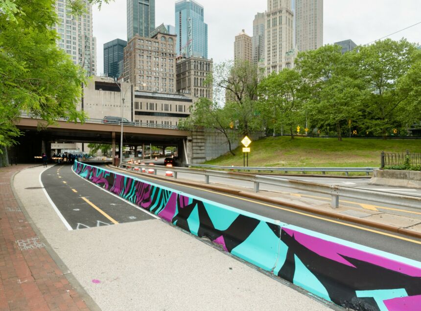 Razzle Dazzle, 2018. Acrylic paint on concrete traffic barrier, 36 in. x 400 ft. Public project commissioned by New York City Metropolitan Transit Authority.