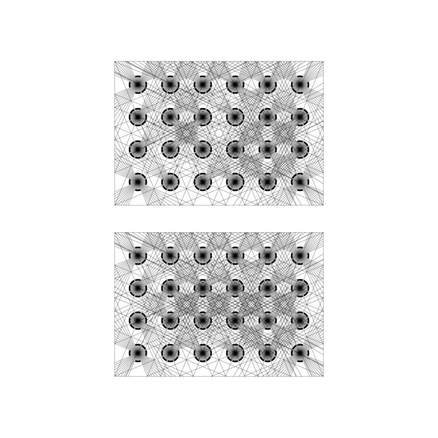 Isovist plan diagrams (top is upper level; bottom is lower level) illustrating the visual and volumetric relationships of the hollow columns in Entelechy I.