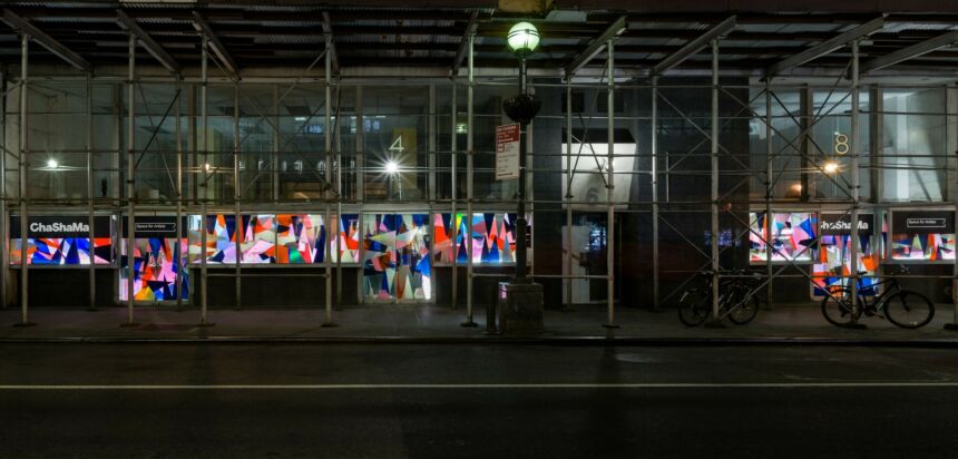 Jump Cuts, 2019. Adhesive vinyl on existing windows, 72 in. x 30 ft. Public commission for Chashama, New York, NY.