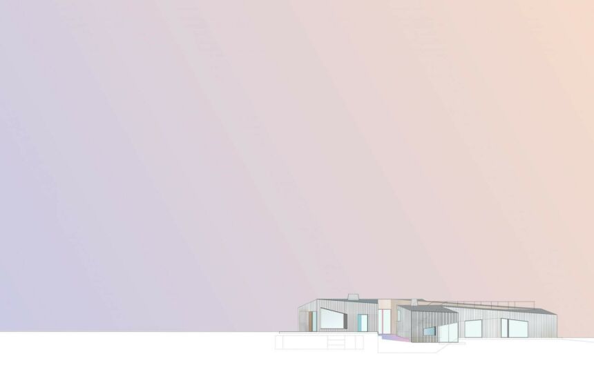 Minimalist-style illustration of a modern house against a purple and pink ombre sky.