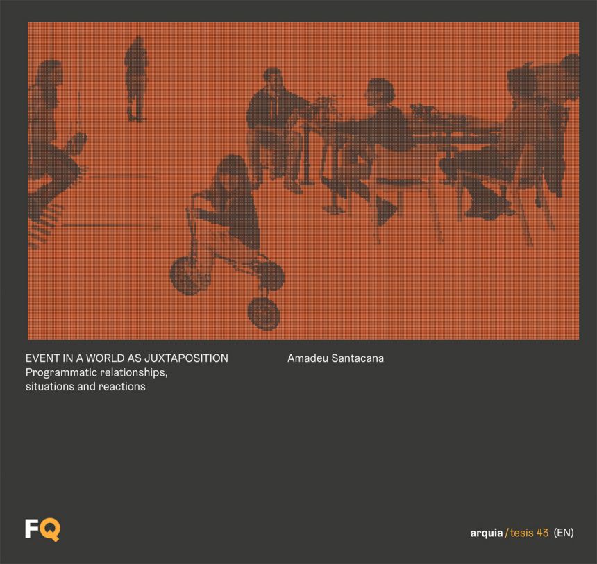 The cover of the book '"Event in a world of juxtaposition" featuring a black background with an orange overlay featuring a child on a tricycle and people sitting around the table in black.