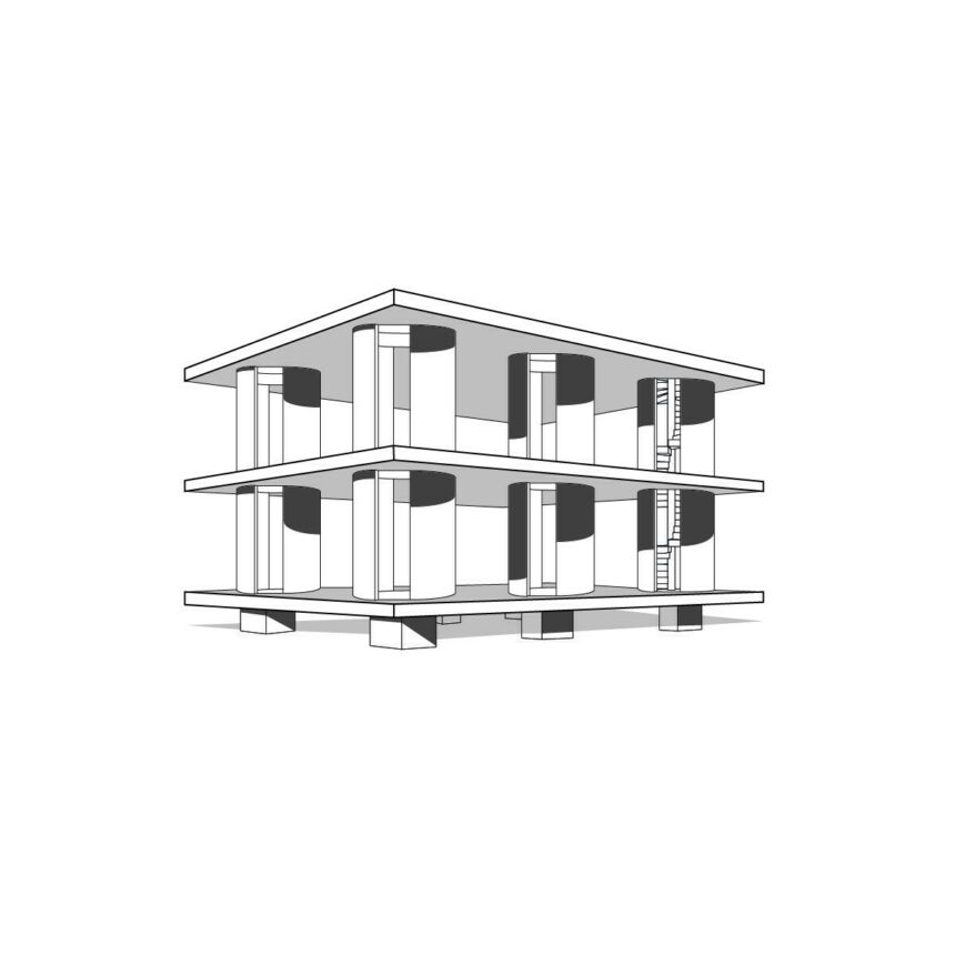 John Portman’s Domestic System as Portm-Ino, a postmodern exaggeration of Le Corbusier’s Dom-Ino.