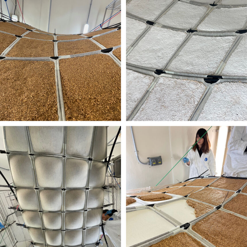 Four-panel collage showing the fabrication of a knit-grid shell structure, including panels filled with wood chips, mycelium growth over the surface, the underside of the assembled form, and a researcher working with the material in a lab.