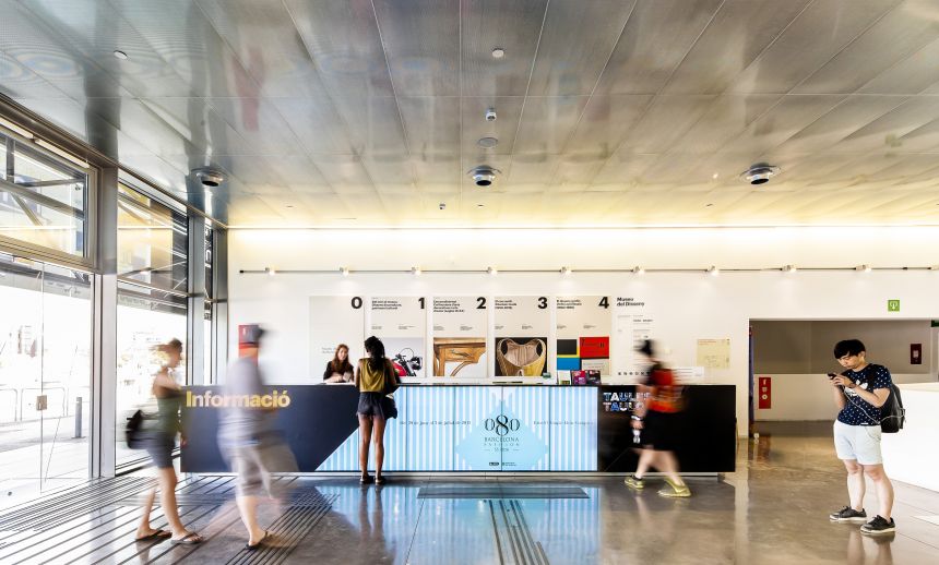 An architectural rendering of furniture designed for the inside of a museum with people walking about.