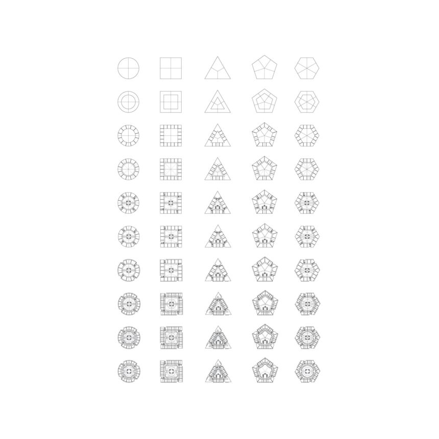 Six sample Atrium Hotel variations, illustrated to show the sequence from an initial primitive shape to a developed typical guest room plan.