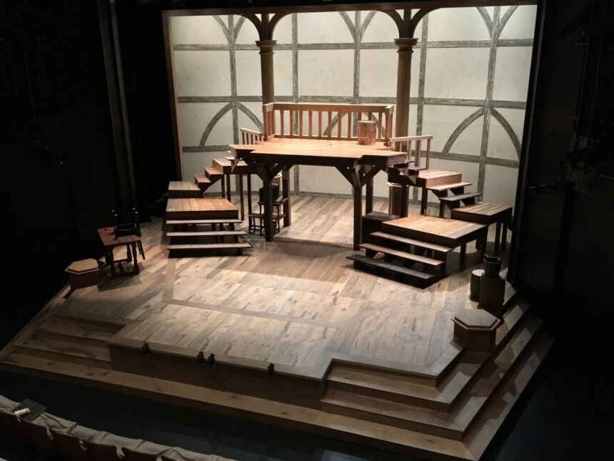 "Equivocation," Scenic Design of a wooden split staircase.