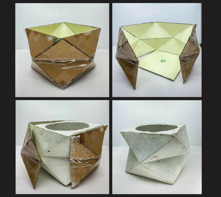 Prototype of origami formwork using waste carboard and recycled vinyl.