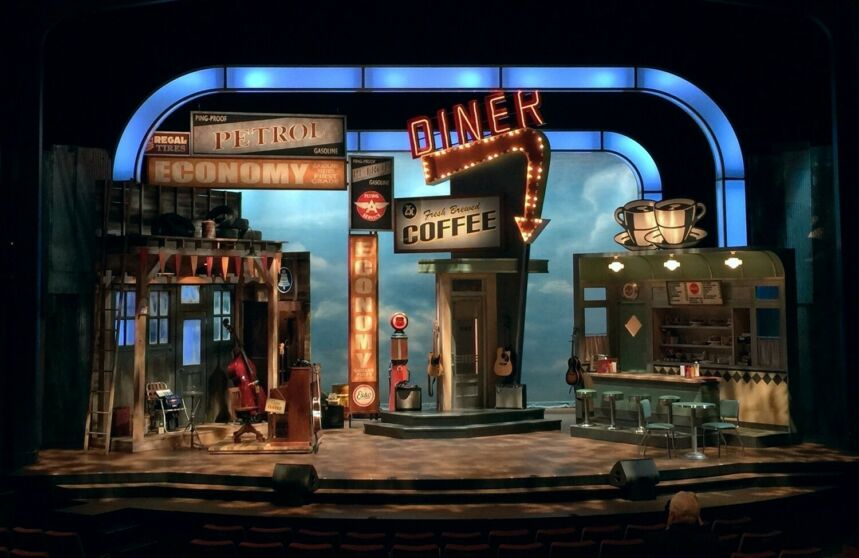 Scene design of a 1950s retro diner and gas pump.