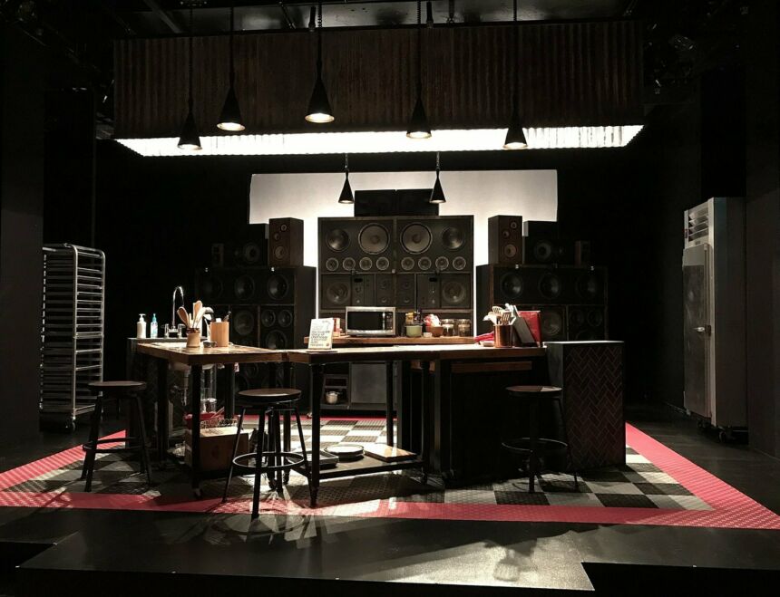 "Raging Skillet," Scenic Design of an elaborate sound system in a kitchen.
