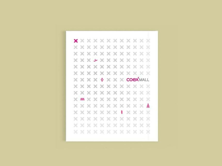 Print design featuring rows of light grey "X's", with a fuschia "X" in the top left corner. Several fuschia symbols are dispersed among the "X's" along with the "Coex" logo.