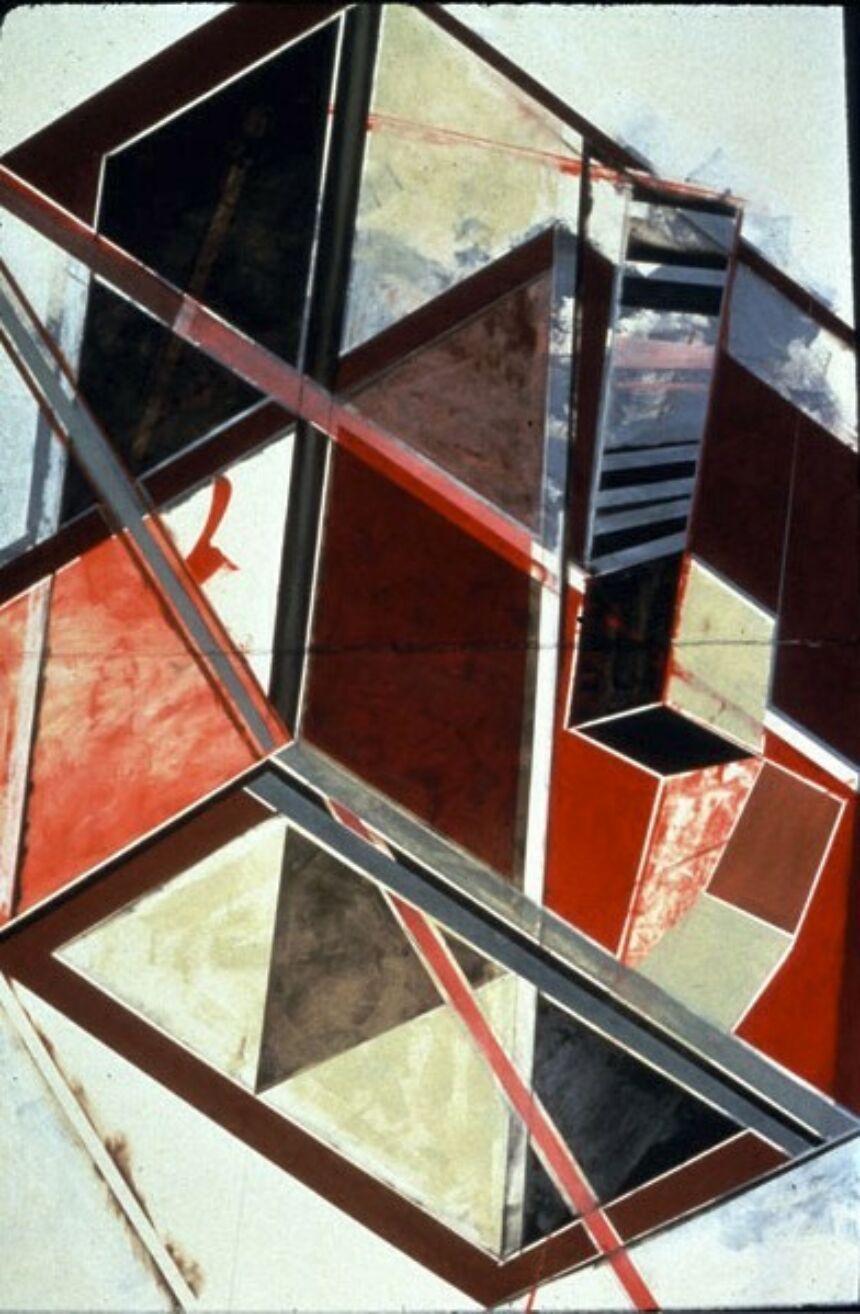 Painting of geometric shapes resembling boxes, in shades of red, black, cream, and white.