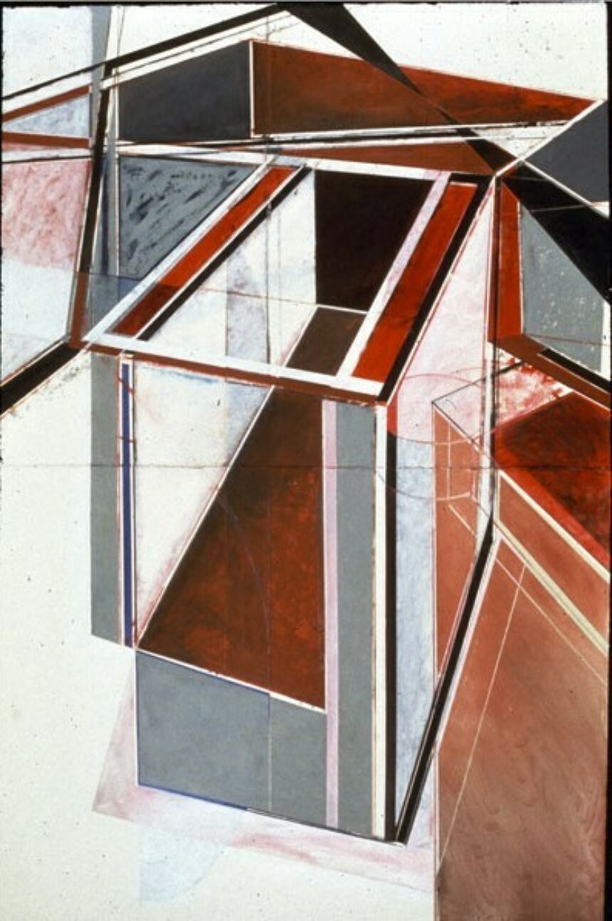 Painting of geometric shapes resembling a box in shades of red, black, cream, and white.