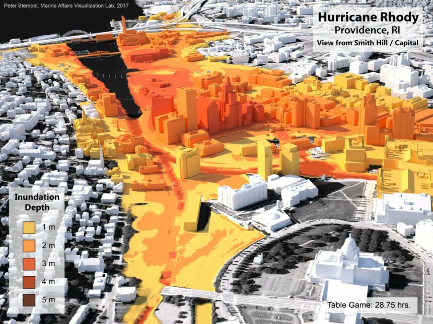 Time incremented visualization depicting combined effects of storm surge, river flooding, and infrastructure failure.