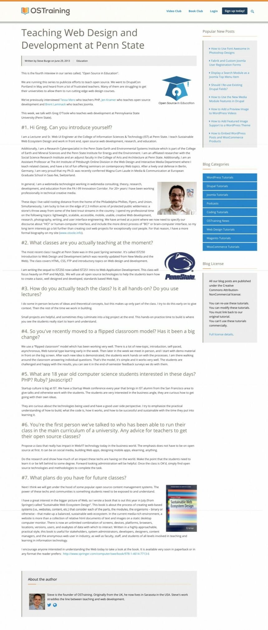 Screenshot of OSTraining.com interview with Gregory O'Toole: "Teaching Web Design and Development at Penn State"