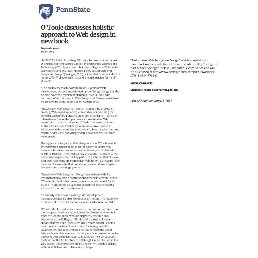 Screenshot of Penn State News article: "O'Toole discusses holistic approach to Web design in new book" by Stephanie Koons