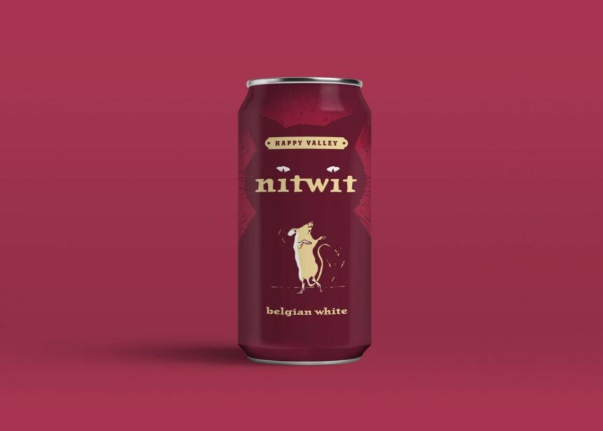 Mockup of a dark red beer can design for a local brewery. Beer can's design features a cream colored mouse dancing carelessly while a cat looms in the background. Accompanied by brewery and product labels.