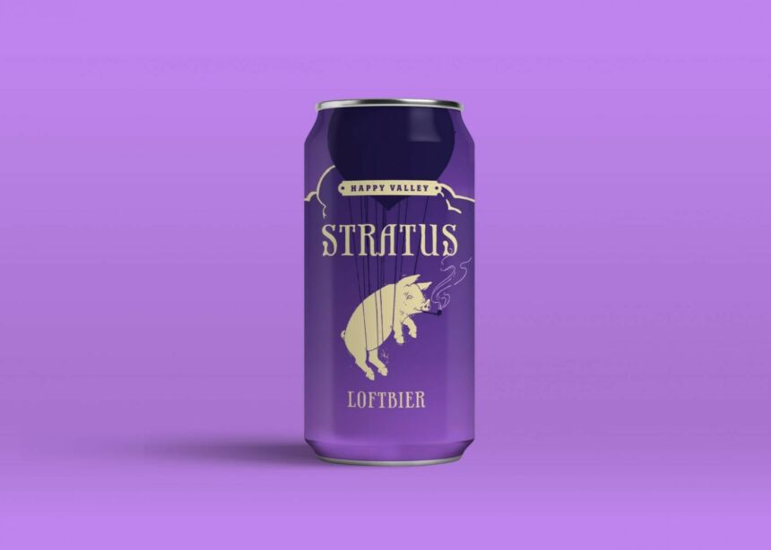 Mockup of a purple ombre beer can design for a local brewery. Beer can's design features a pipe-smoking pig being lifted up by a balloon with text of the brewery and product label.