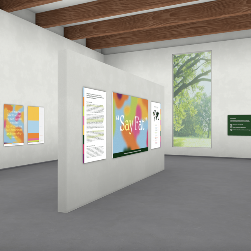 The inside of a gallery showing part of the "Say Fat" exhibition, designed by Brooke Hull.