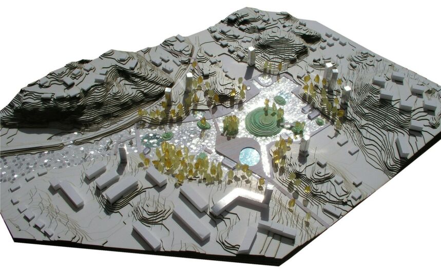 An architectural model featuring raised landscaping, buildings and layered effects.