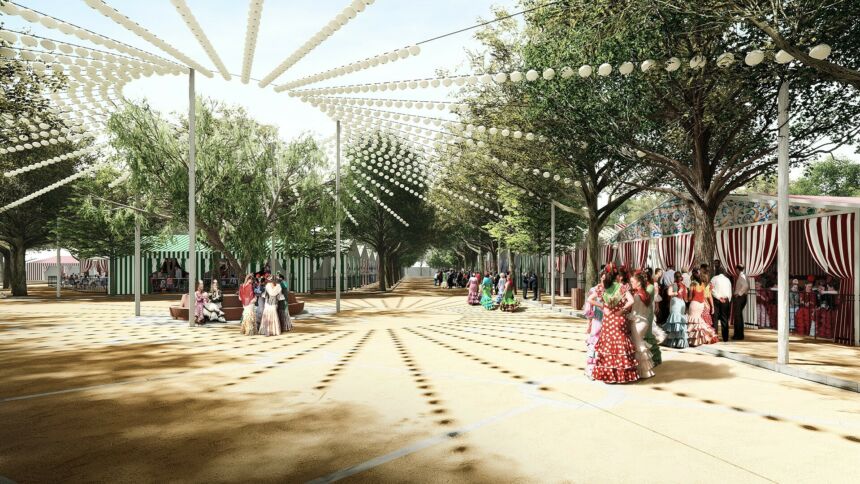 A Spanish-themed outdoor ballroom with women in dresses and men in more formal wear. Striped tents and drapes surround the open plaza fairgrounds with lights forming sunlight patterns in the sky and their shadows on the ground.