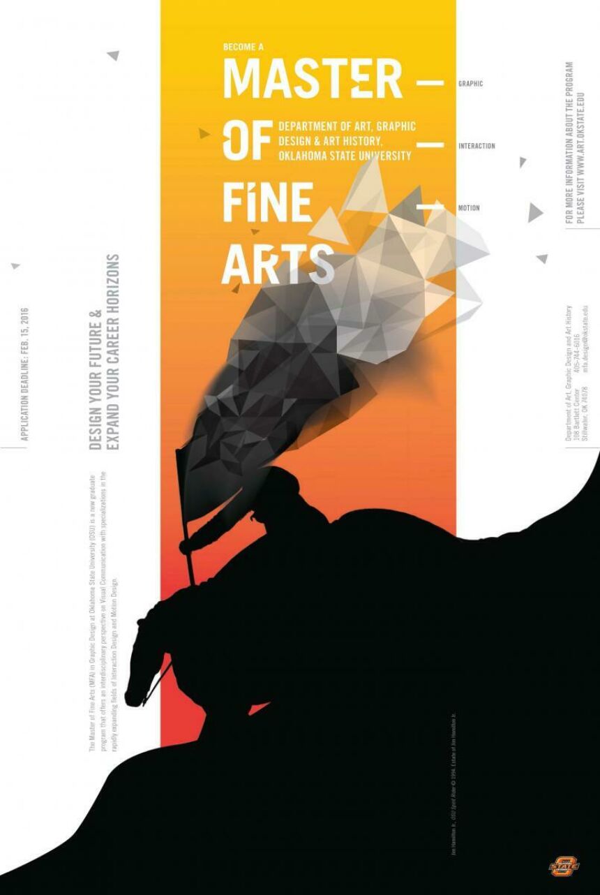 Graphic design poster featuring a silhouette of a person riding a horse down a hill while carrying a flag. The flag transitions into a cluster of ombre grey 3D triangles. Behind the silhouette is an orange/red ombre stripe running the length of the poster against a white background. Grey and white info text adorn the top and sides.