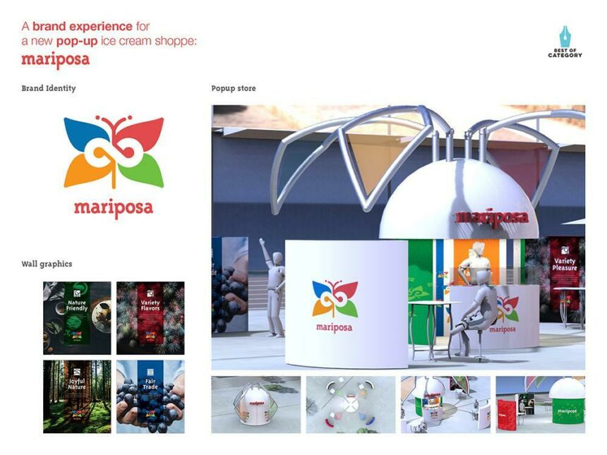 A compilation of the company's branding examples, which includes: The blue, red, green, and gold "Mariposa" butterfly logo; Exterior shots of the ice cream shop's booth design; four wall graphics featuring text and transparent color blocking overlaying photos of food and nature.