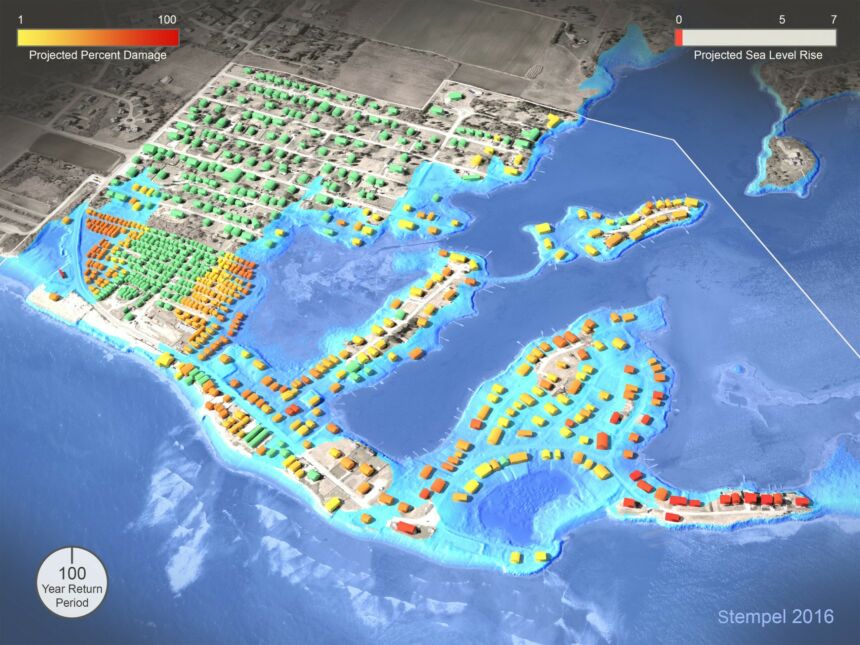 isualization of Matunuck, Rhode Island including damage to structures in an experimental version of the Coastal Environmental Risk Index.