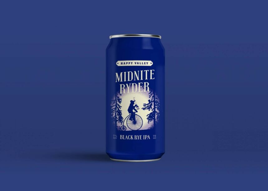 Mockup of a dark blue beer can design for a local brewery. Beer can's design features a silhouette of a man wearing a hat while smoking, riding an old school bicycle and holding a lantern, flanked by two pine trees. Accompanied by brewery and product labels.